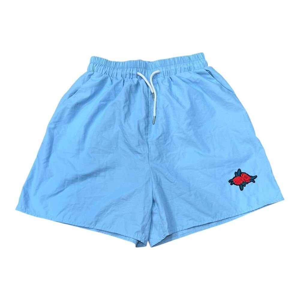 Romwe Light Blue Guys Rose Patch 5” Pull On Shorts S